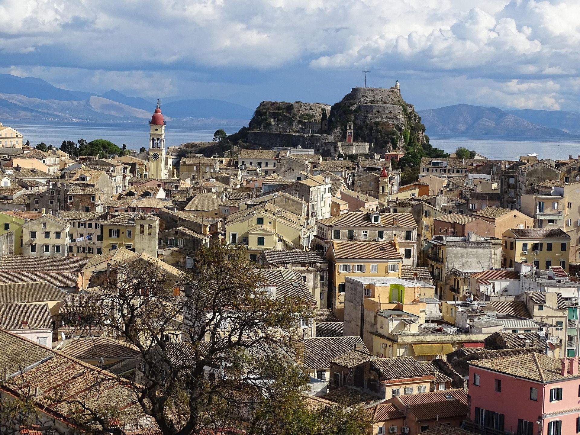 The Old Town of Corfu with the Old Fortress and the bell tower of Saint Spyridon